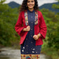Jamdani design Blue Halter Dress with Hand-Painted Kalamkari Border - Kalamkari Jacket Additional