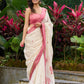 Ivory Jamdani cotton saree with delicate pink woven paisley motifs