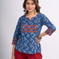 Indigo Geometric Printed Top with Ajrakh Border, Hand Kantha Stitches and Maroon Embellishments