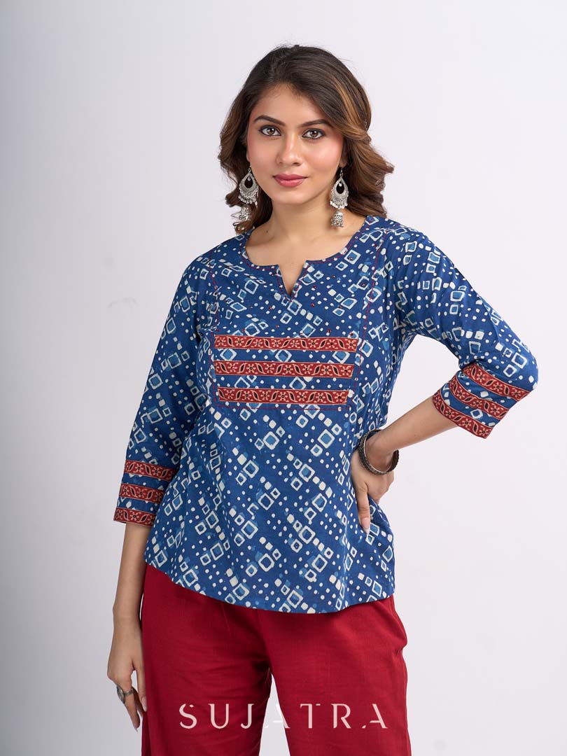 Indigo Geometric Printed Top with Ajrakh Border, Hand Kantha Stitches and Maroon Embellishments