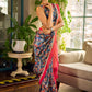 Classic Navy Saree Featuring Digital Rose Floral Print & Vibrant Red Tissue Contrast Border & Gold Trim
