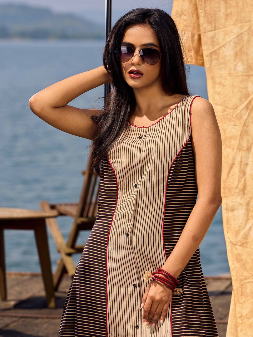 Black & Beige Ajrakh Cotton Dress with Structured Panel Design