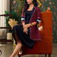 Elegant Maroon Ikat Jacket Featuring Black Collar and Delicate Mirror Lace Embellishments