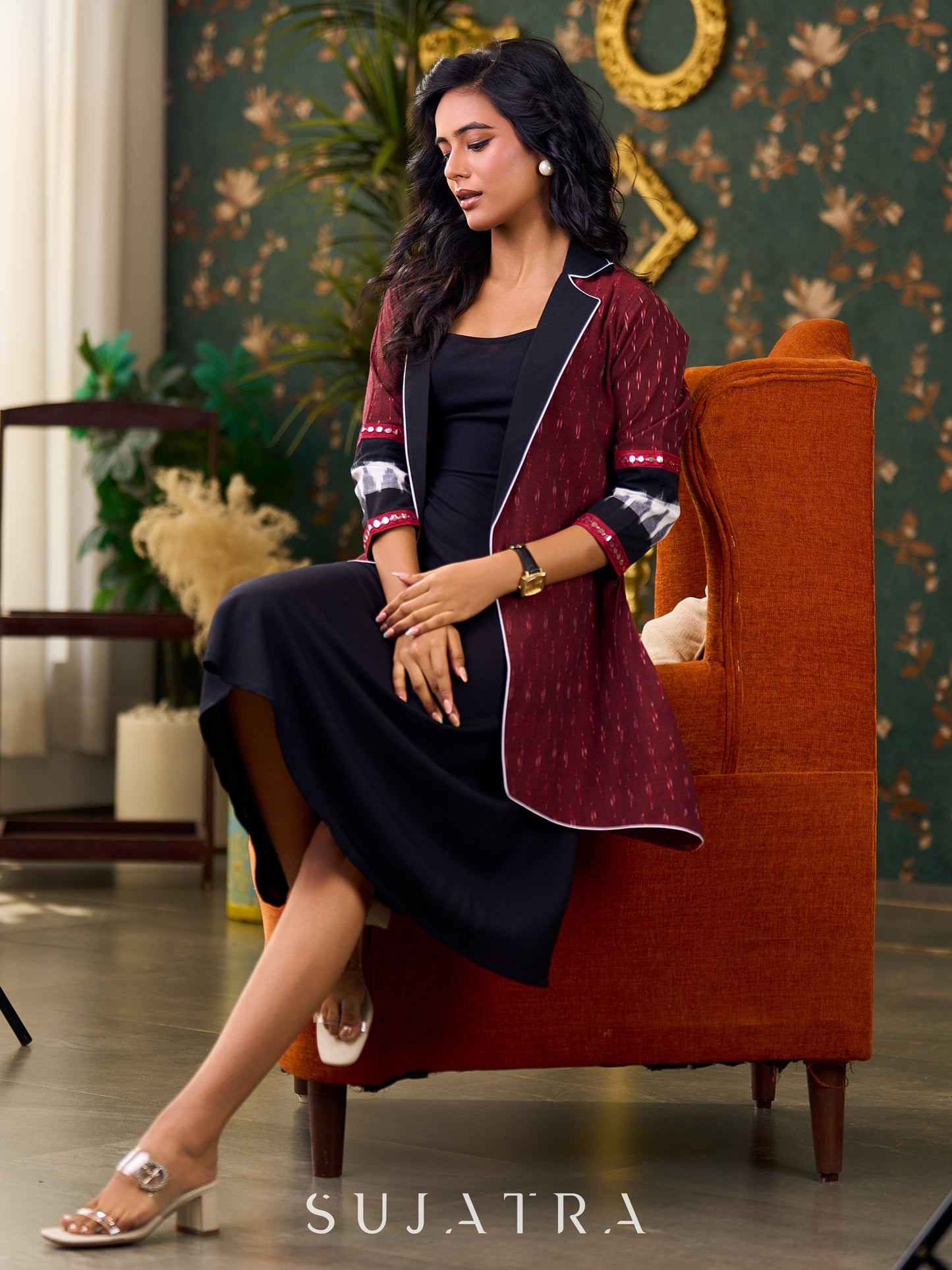 Elegant Maroon Ikat Jacket Featuring Black Collar and Delicate Mirror Lace Embellishments