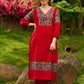 Red Cotton Kurta with Traditional Fish Print Motifs and Gold Accents