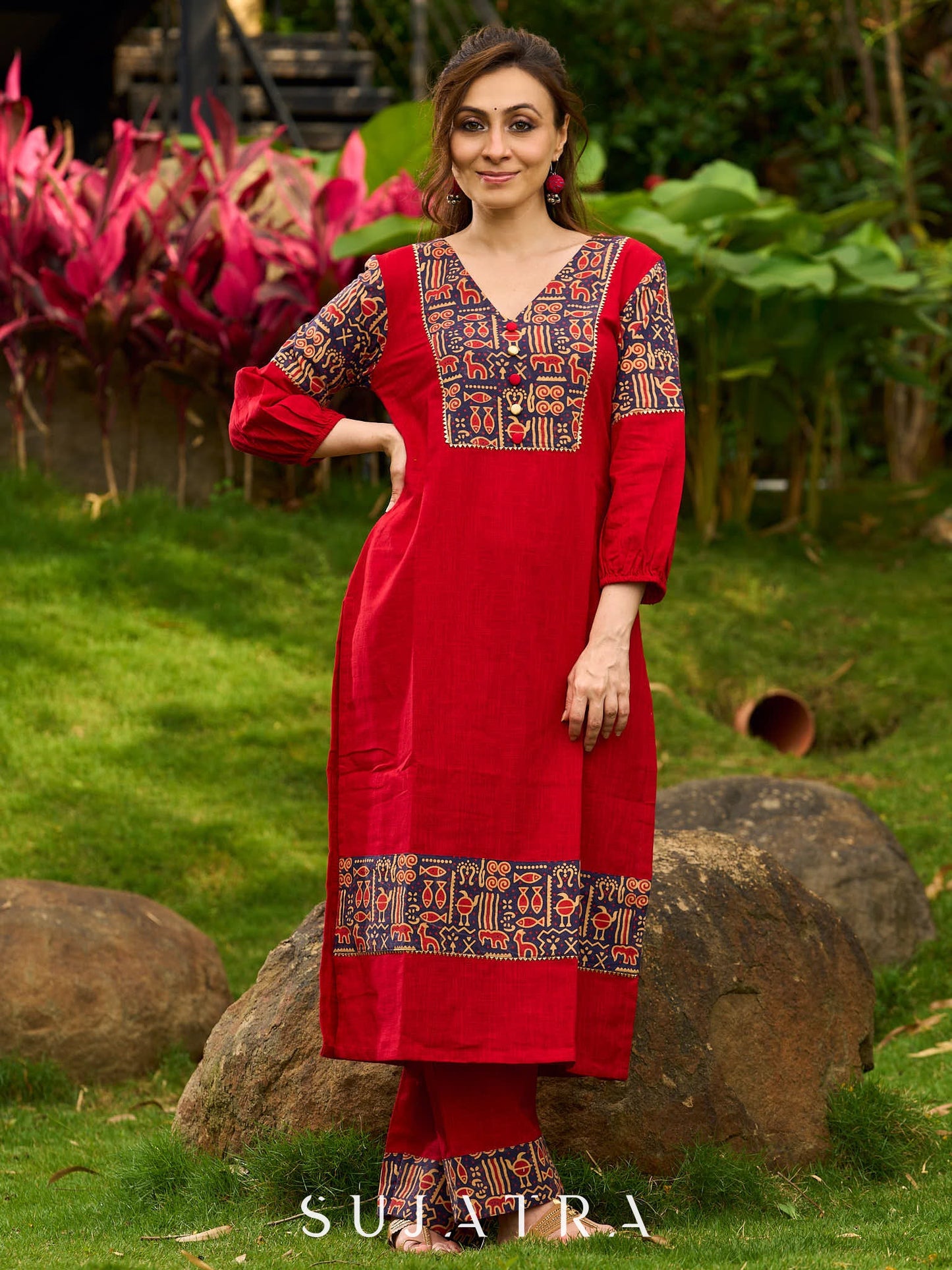 Red Cotton Kurta with Traditional Fish Print Motifs and Gold Accents