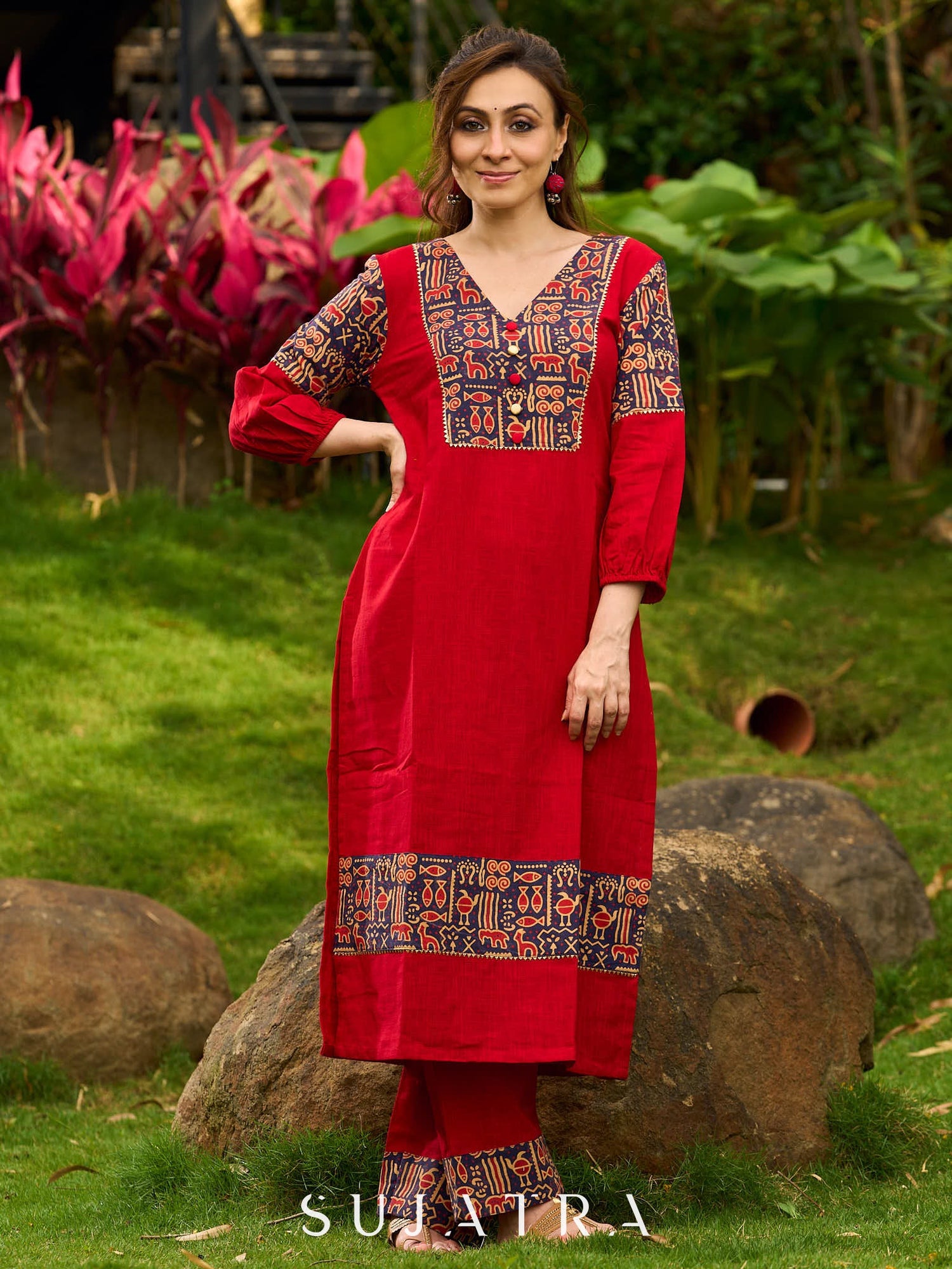 Red Cotton Kurta with Traditional Fish Print Motifs and Gold Accents