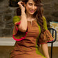 Vibrant Olive Mul Cotton Panelled A-Line Dress with Floral Hand Block Printed Panel & Flared Sleeves
