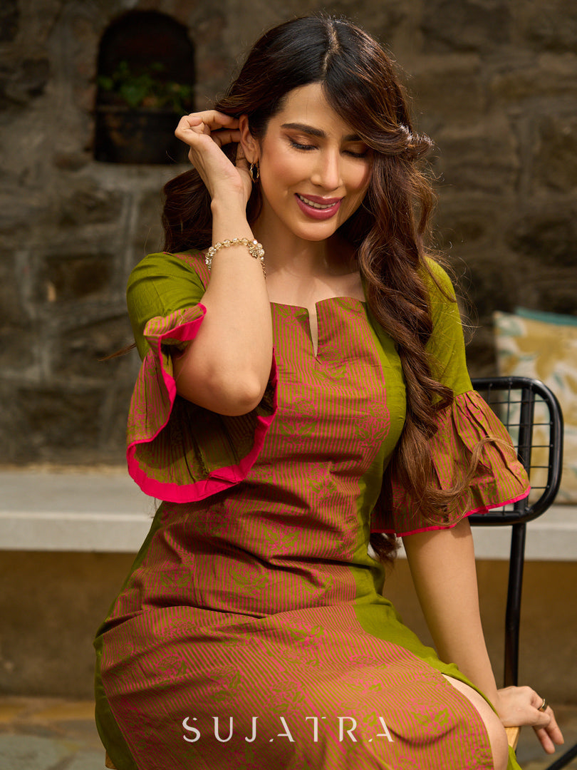 Vibrant Olive Mul Cotton Panelled A-Line Dress with Floral Hand Block Printed Panel & Flared Sleeves