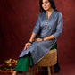 Midnight Blue Brocade Kurta with Subtle Stripes & Minimal Embellishments