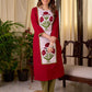 Crimson Cotton Straight Kurta with White Floral Panel and Olive Trim Detail