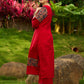 Red Cotton Kurta with Traditional Fish Print Motifs and Gold Accents