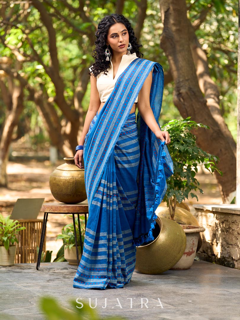 Classic Blue Cotton Saree with Traditional Hand Block Printed Border