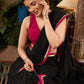 Pure black cotton saree with zari border & pom poms
