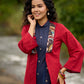 Jamdani design Blue Halter Dress with Hand-Painted Kalamkari Border - Kalamkari Jacket Additional