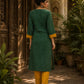 Classic Green Ikat Cotton Straight Kurta with Contrast Mustard V-Neckline & Scalloped Cuff Band