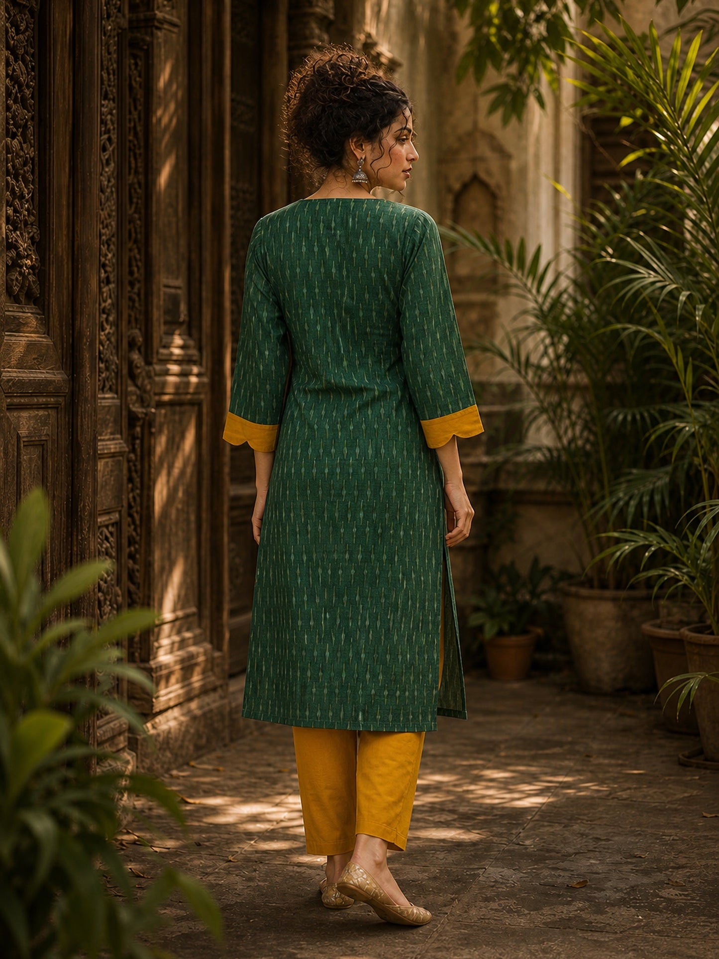 Classic Green Ikat Cotton Straight Kurta with Contrast Mustard V-Neckline & Scalloped Cuff Band