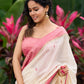 Ivory Jamdani cotton saree with delicate pink woven paisley motifs