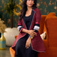 Elegant Maroon Ikat Jacket Featuring Black Collar and Delicate Mirror Lace Embellishments