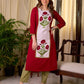Crimson Cotton Straight Kurta with White Floral Panel and Olive Trim Detail