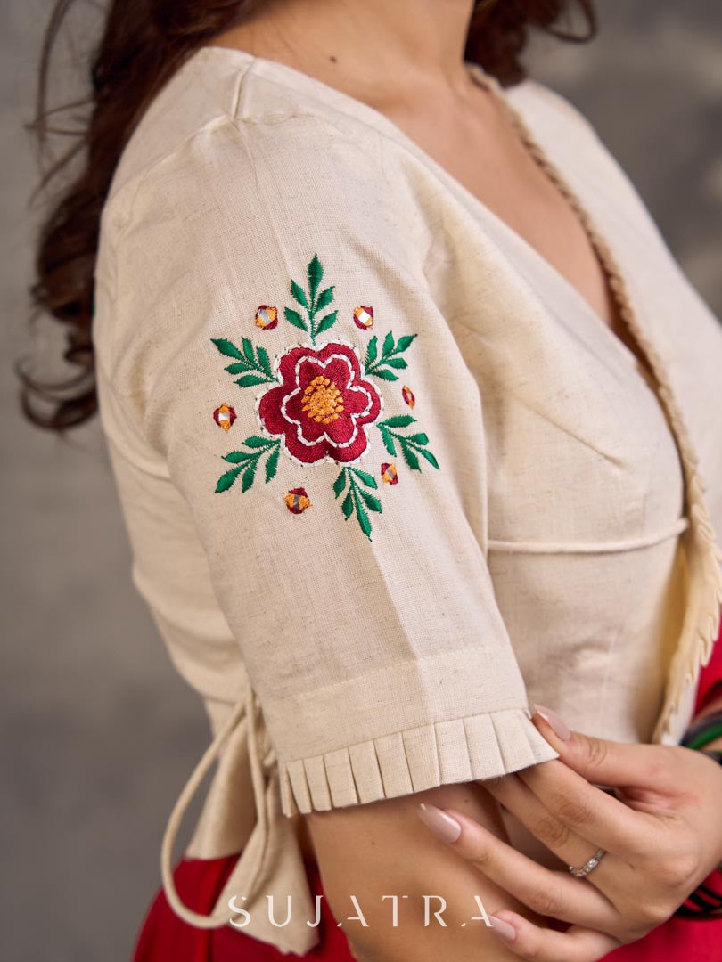 Ivory Cotton Blouse with Embroidered Floral Motif