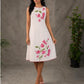 White and pink bougainvillea printed statement dress with pearl embellishments and pink accents