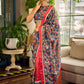 Classic Navy Saree Featuring Digital Rose Floral Print & Vibrant Red Tissue Contrast Border & Gold Trim