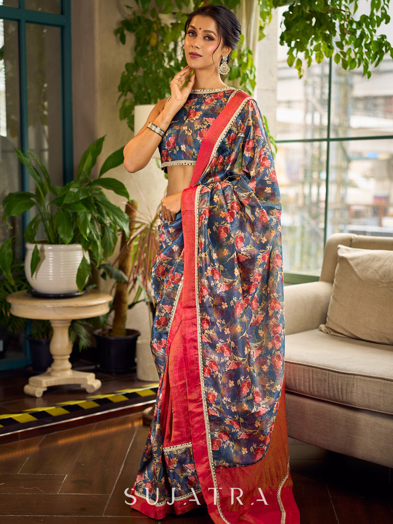 Classic Navy Saree Featuring Digital Rose Floral Print & Vibrant Red Tissue Contrast Border & Gold Trim