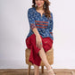 Indigo Geometric Printed Top with Ajrakh Border, Hand Kantha Stitches and Maroon Embellishments