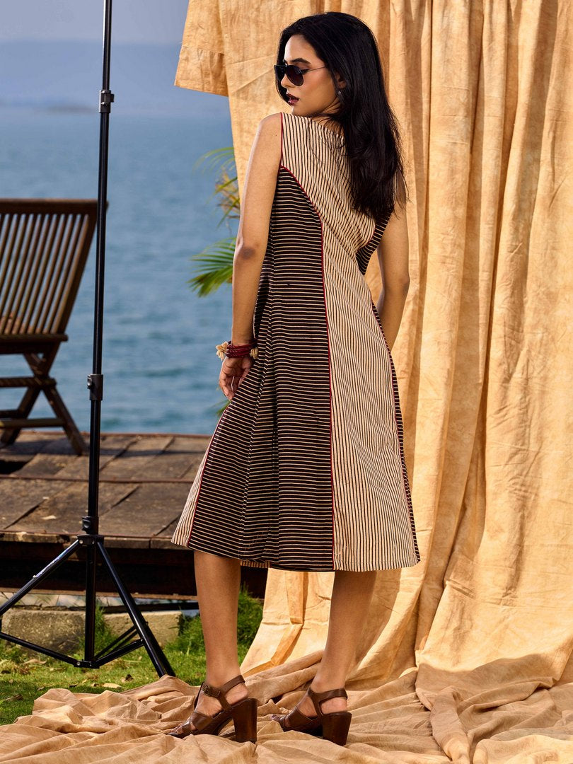 Black & Beige Ajrakh Cotton Dress with Structured Panel Design