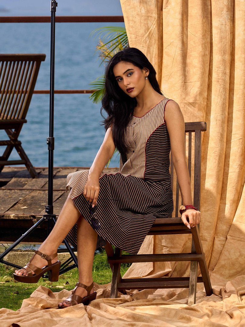 Black & Beige Ajrakh Cotton Dress with Structured Panel Design