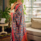 Classic Navy Saree Featuring Digital Rose Floral Print & Vibrant Red Tissue Contrast Border & Gold Trim