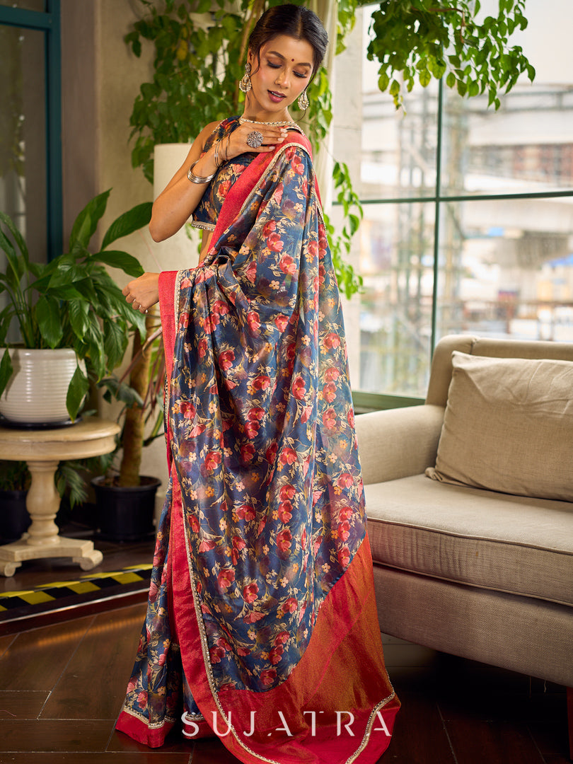 Classic Navy Saree Featuring Digital Rose Floral Print & Vibrant Red Tissue Contrast Border & Gold Trim
