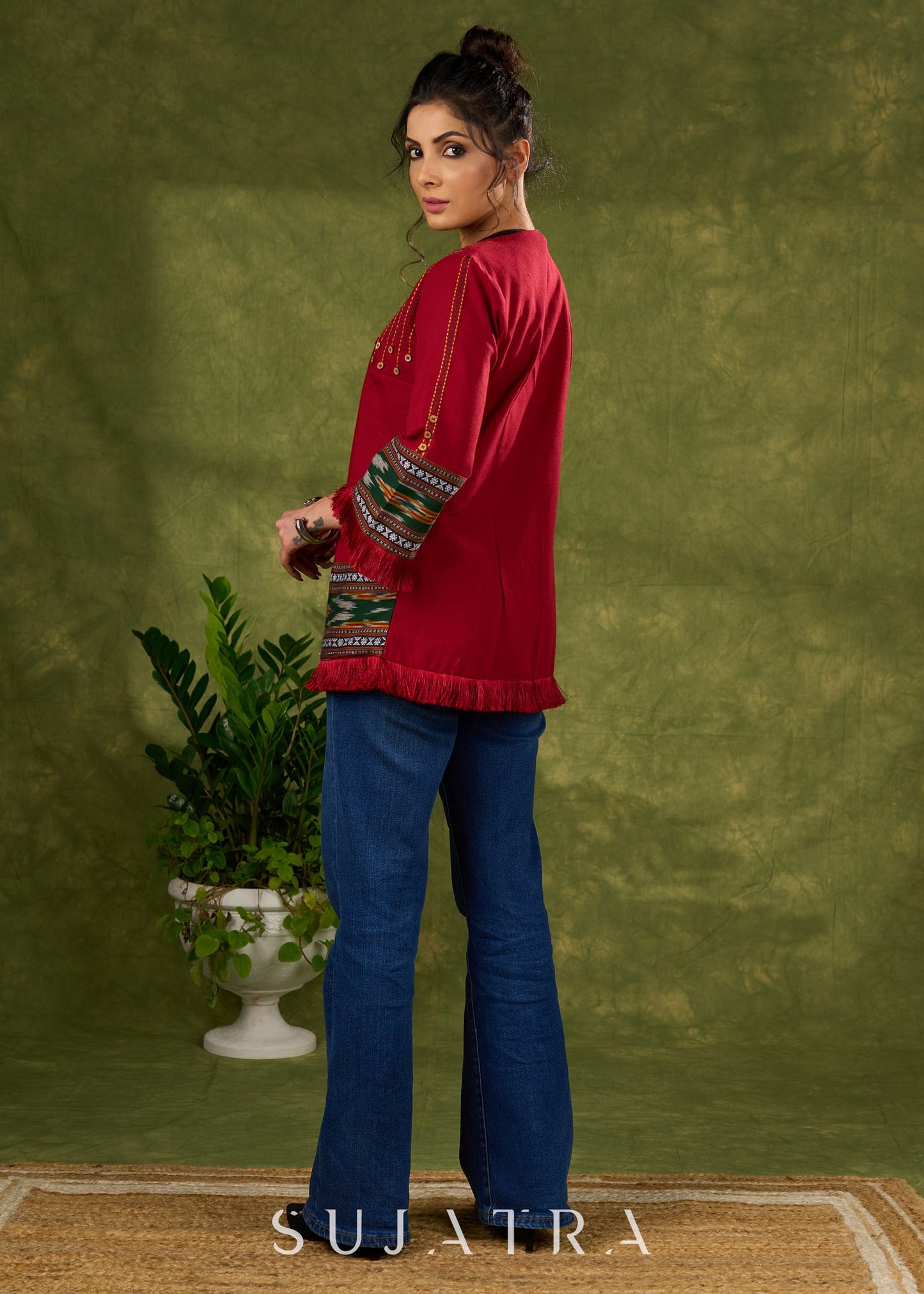 Global Glamour : Maroon Embroidered Cotton Jacket With Intricate Ikat Trim & Statement Buttons
