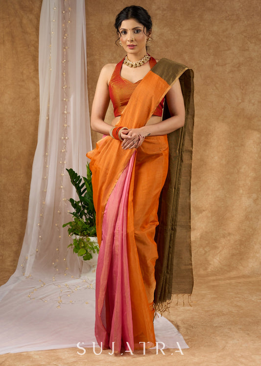 Exclusive Orange & Pink Combination Pure Tissue Saree With Optional Khan Blouse Piece