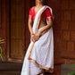Refined White Georgette Chikankari Saree with Red-Gold Benarasi Border & Hand Embroidered Pallu