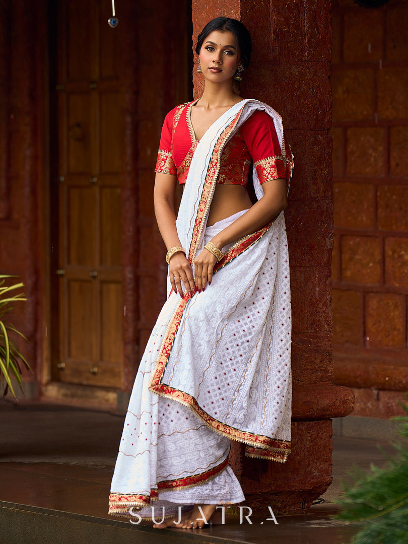 Refined White Georgette Chikankari Saree with Red-Gold Benarasi Border & Hand Embroidered Pallu