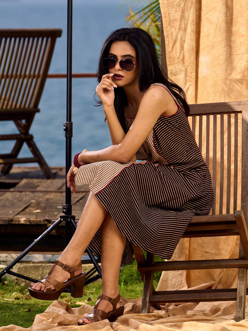 Black & Beige Ajrakh Cotton Dress with Structured Panel Design