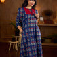 Royal blue Jaipur-printed dress featuring red rose motifs, a pintuck neck patch with red accents, and balloon 3/4th sleeves, creating a graceful silhouette with a blend of artisanal charm and contemporary elegance.