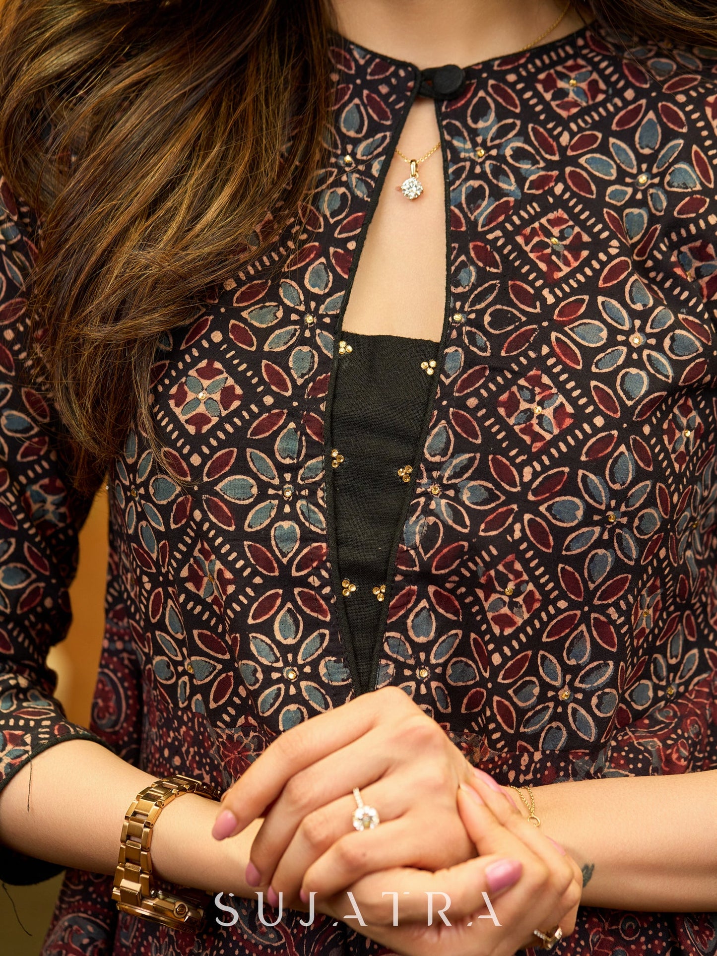 Boho Black Ajrakh Flared Cotton Top with Delicate Embellishments