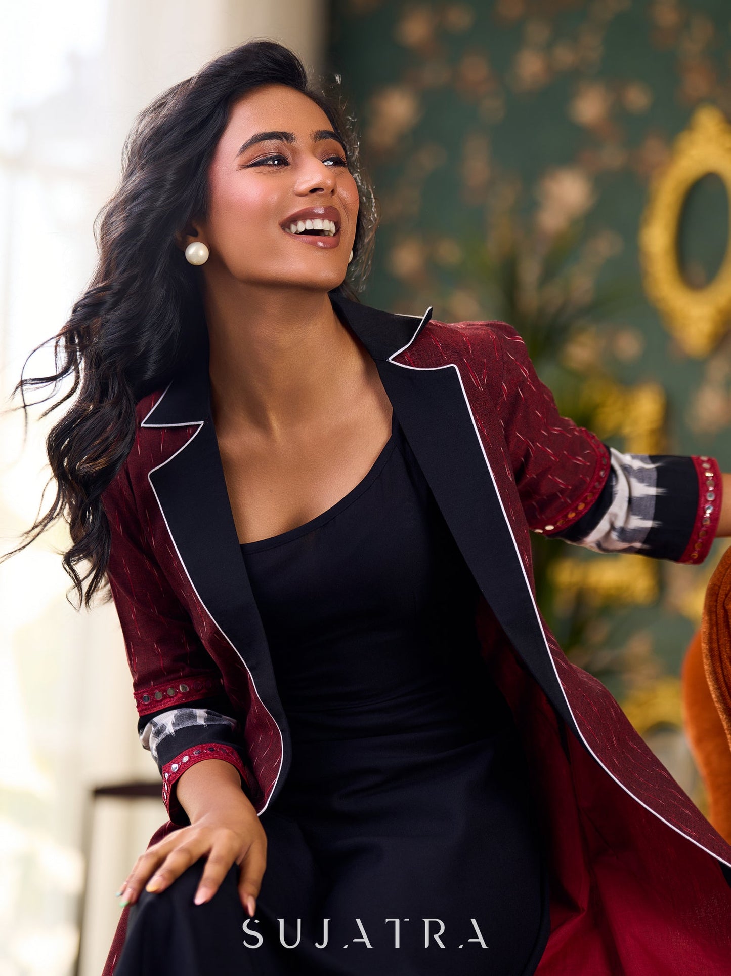 Elegant Maroon Ikat Jacket Featuring Black Collar and Delicate Mirror Lace Embellishments