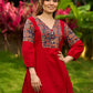 Red Cotton Kurta with Traditional Fish Print Motifs and Gold Accents