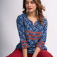 Indigo Geometric Printed Top with Ajrakh Border, Hand Kantha Stitches and Maroon Embellishments
