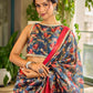 Classic Navy Saree Featuring Digital Rose Floral Print & Vibrant Red Tissue Contrast Border & Gold Trim
