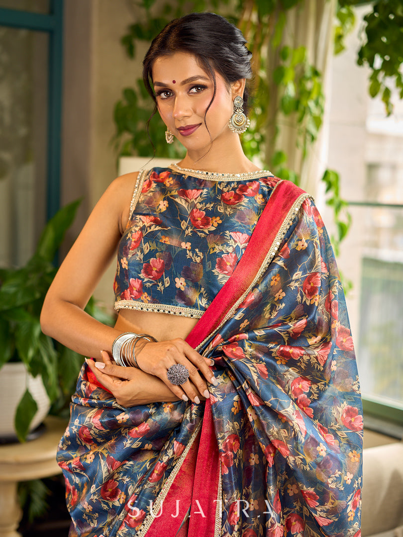 Classic Navy Saree Featuring Digital Rose Floral Print & Vibrant Red Tissue Contrast Border & Gold Trim