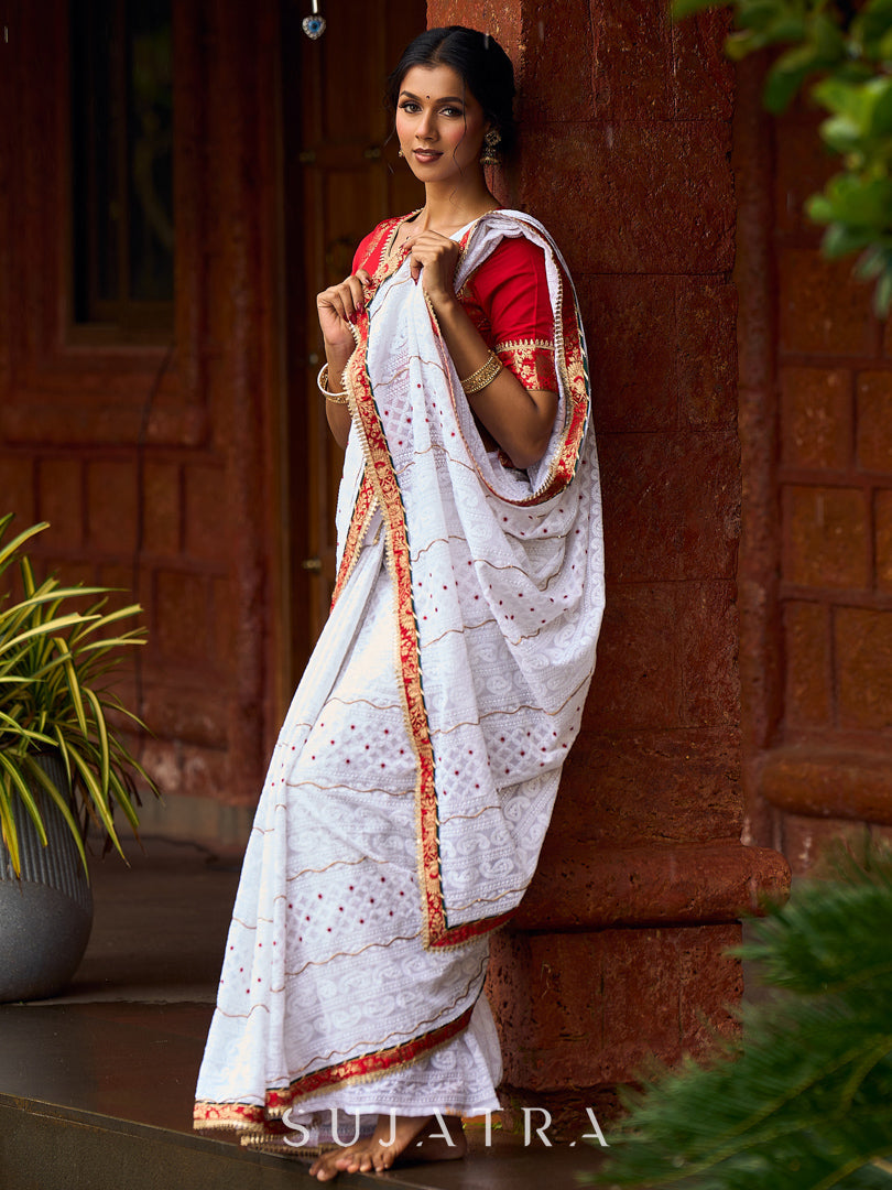 Refined White Georgette Chikankari Saree with Red-Gold Benarasi Border & Hand Embroidered Pallu