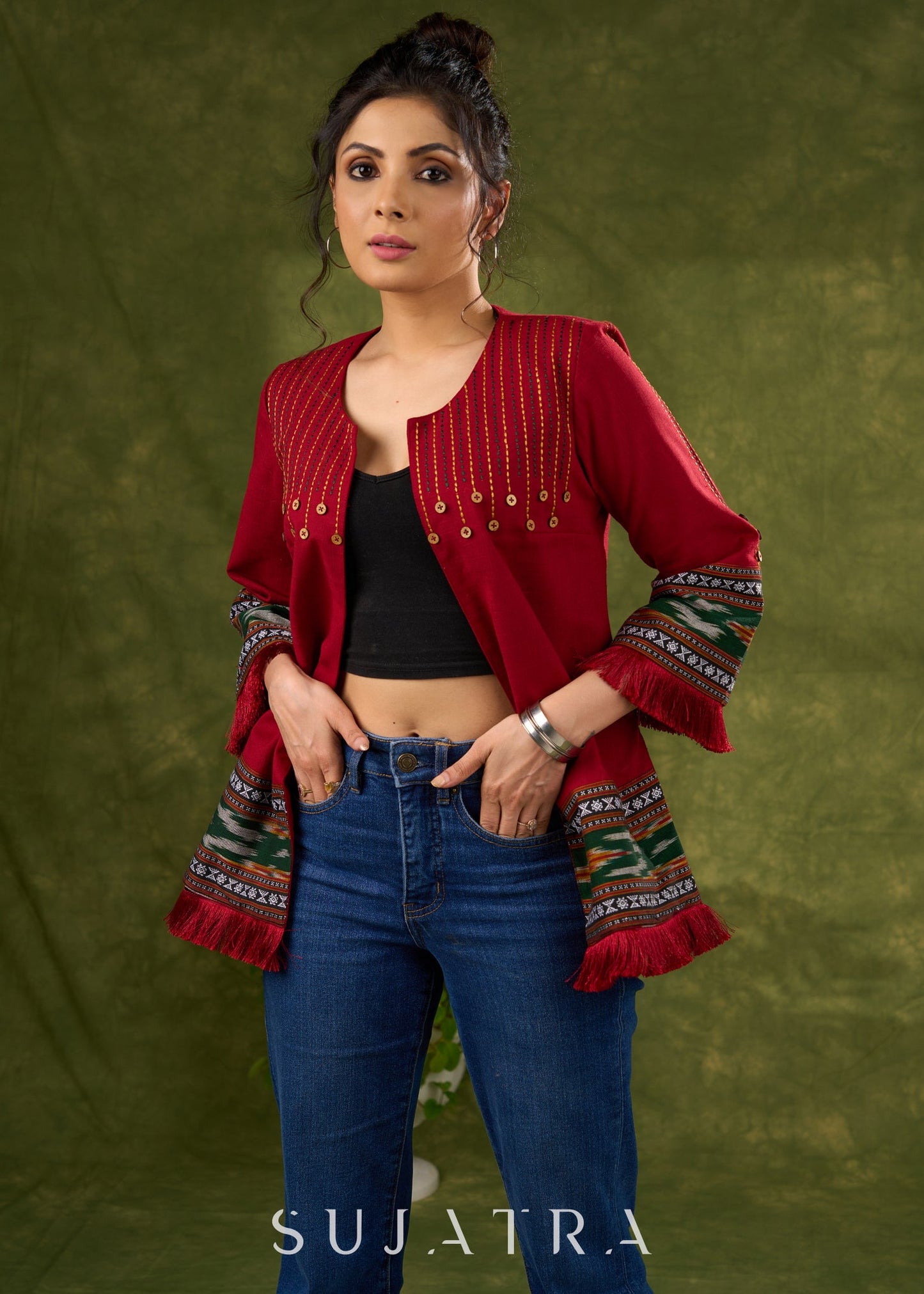 Global Glamour : Maroon Embroidered Cotton Jacket With Intricate Ikat Trim & Statement Buttons