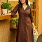 Cocoa Charm Handcrafted Dress with Statement Lapel Collar & Kantha Stitches