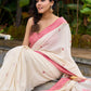 Ivory Jamdani cotton saree with delicate pink woven paisley motifs