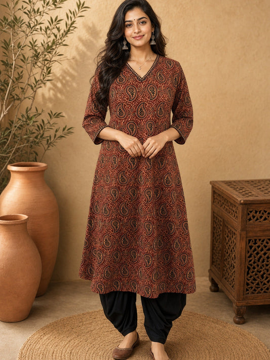Elegant Deep Maroon Ajrakh Printed A-line Cotton Kurta